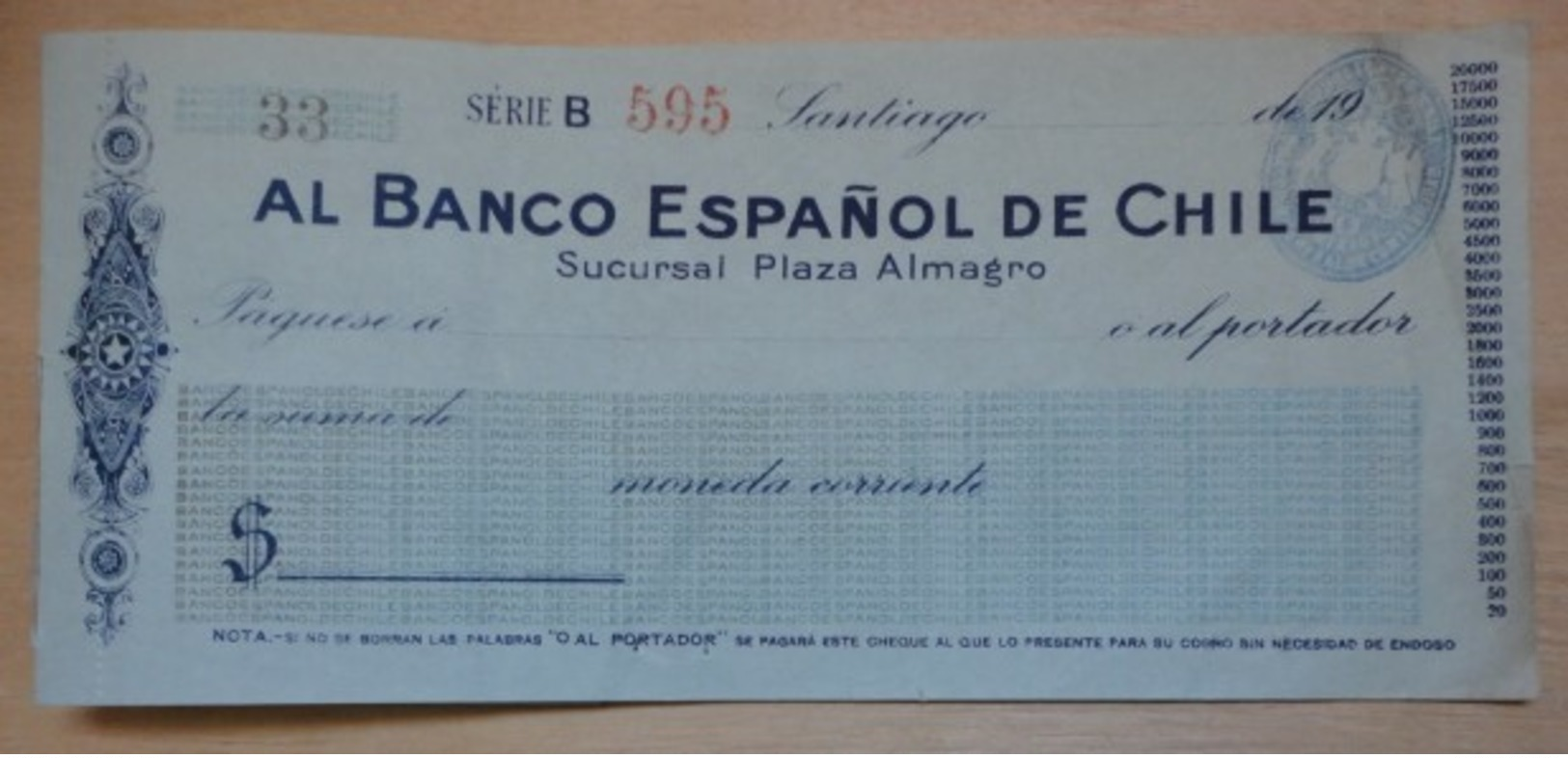 CHEQUE BANCO ESPAÑOL DE CHILE SANTIAGO - Cheques & Traveler's Cheques