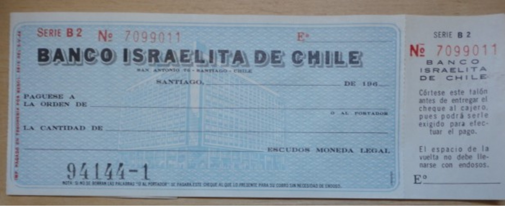 CHEQUE BANCO ISRAELITA DE CHILE - Chèques & Chèques De Voyage