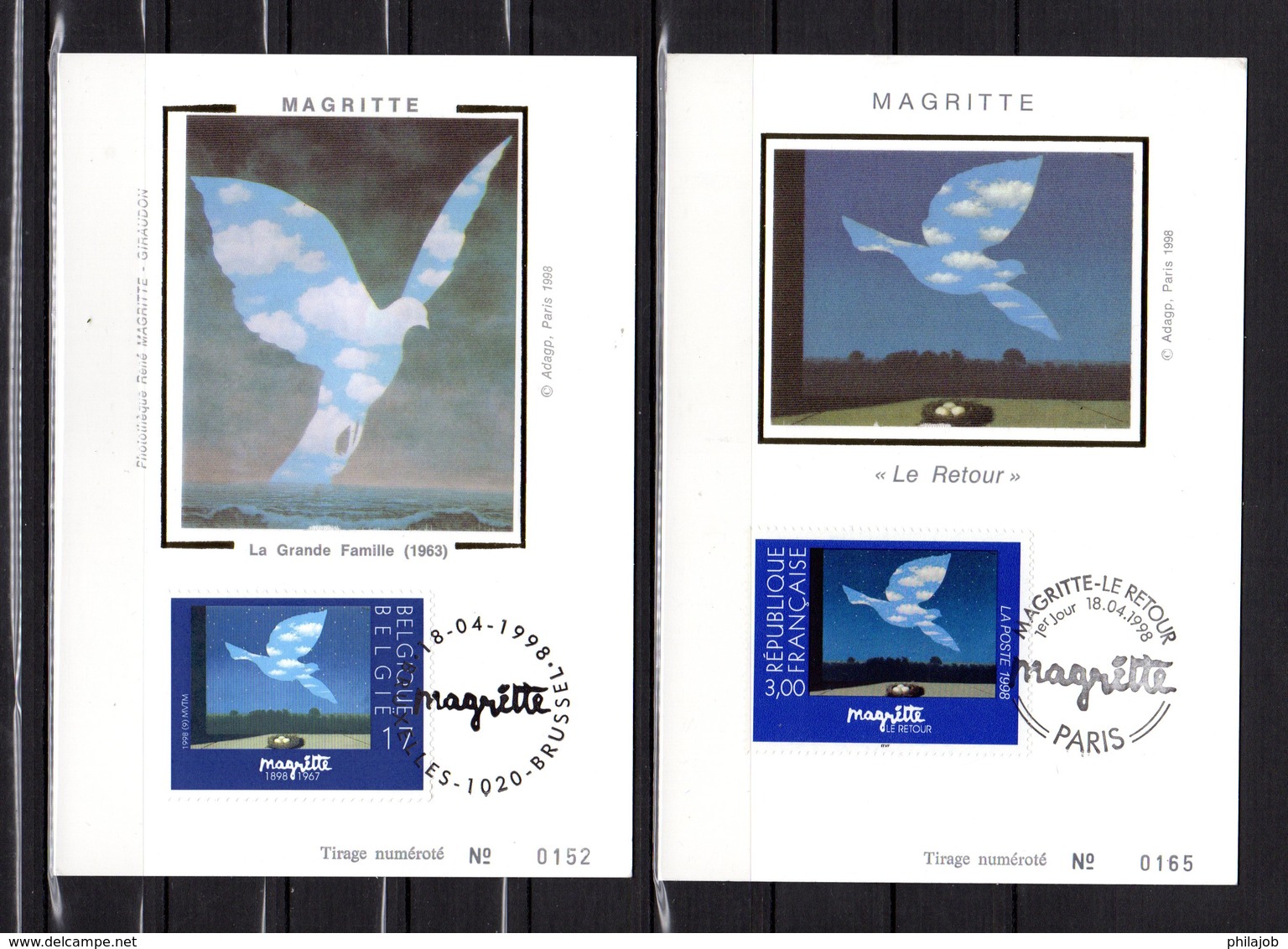 " FRANCE - BELGIQUE 1998 : MAGRITTE " Sur 2 Cartes Maximum En Soie N°tées. N° YT 3145 + BEL 2755. Parfait état. CM - Emissions Communes