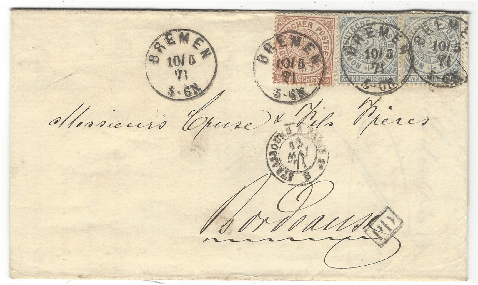 1871- Letter From BREMEN To Bordeaux  Fr.  Michel N° 3 + Pair N°5 - Autres & Non Classés