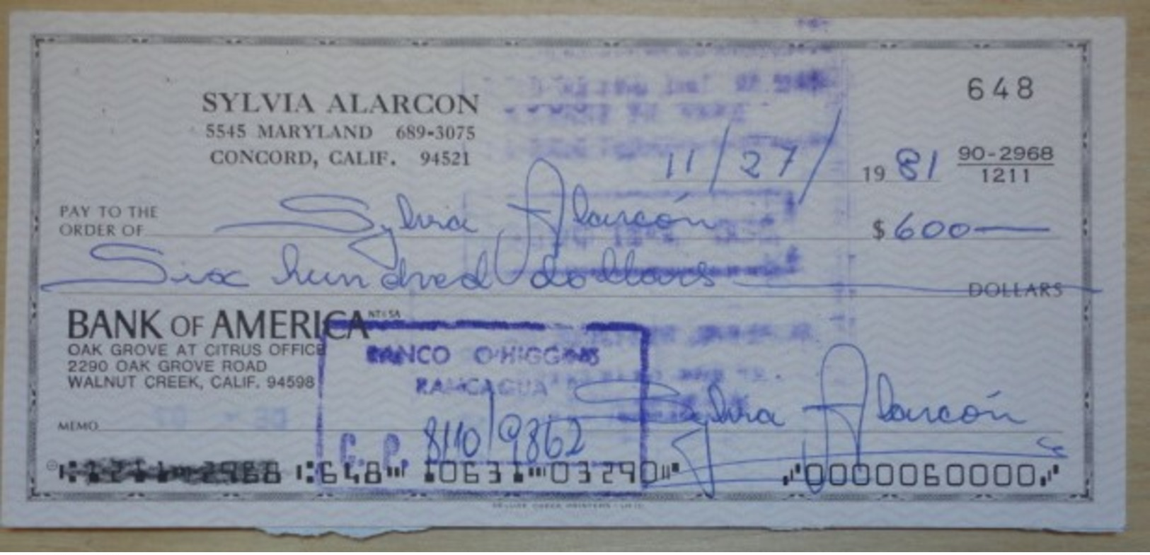 CHEQUE" BANK OF AMERICA" SANTIAGO CHILE - Cheques & Traveler's Cheques