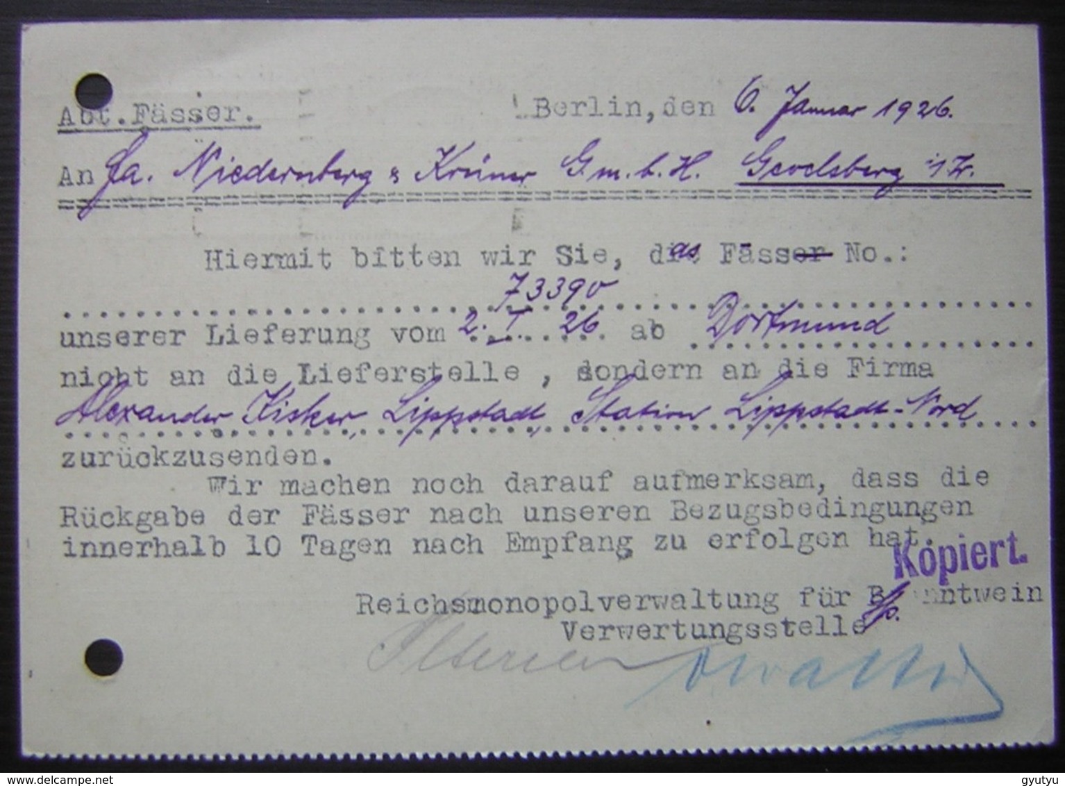 1926 Berlin Reichmonopolverwaltung Für Branntmein : Frei Durch Ablosung Reich - Lettres & Documents