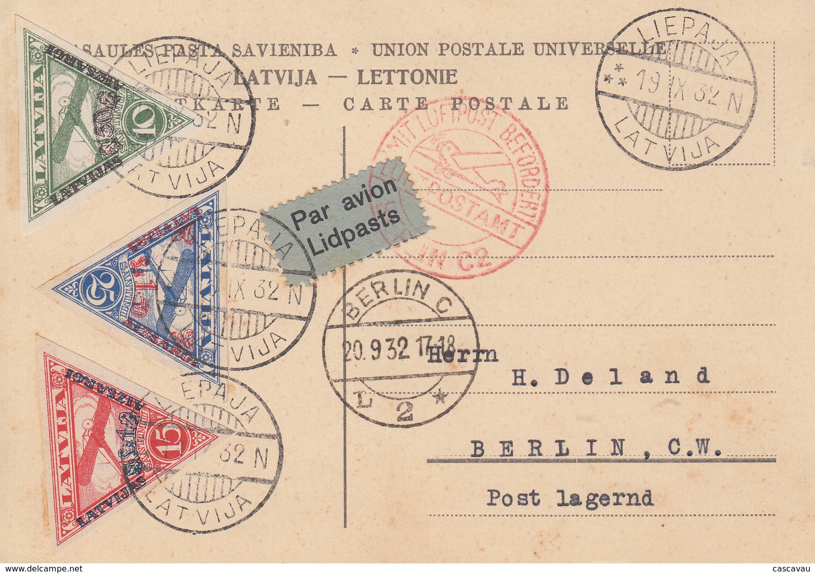 Carte  LETTONIE   Poste  Aérienne   LIEPAJA    1932 - Lettonie