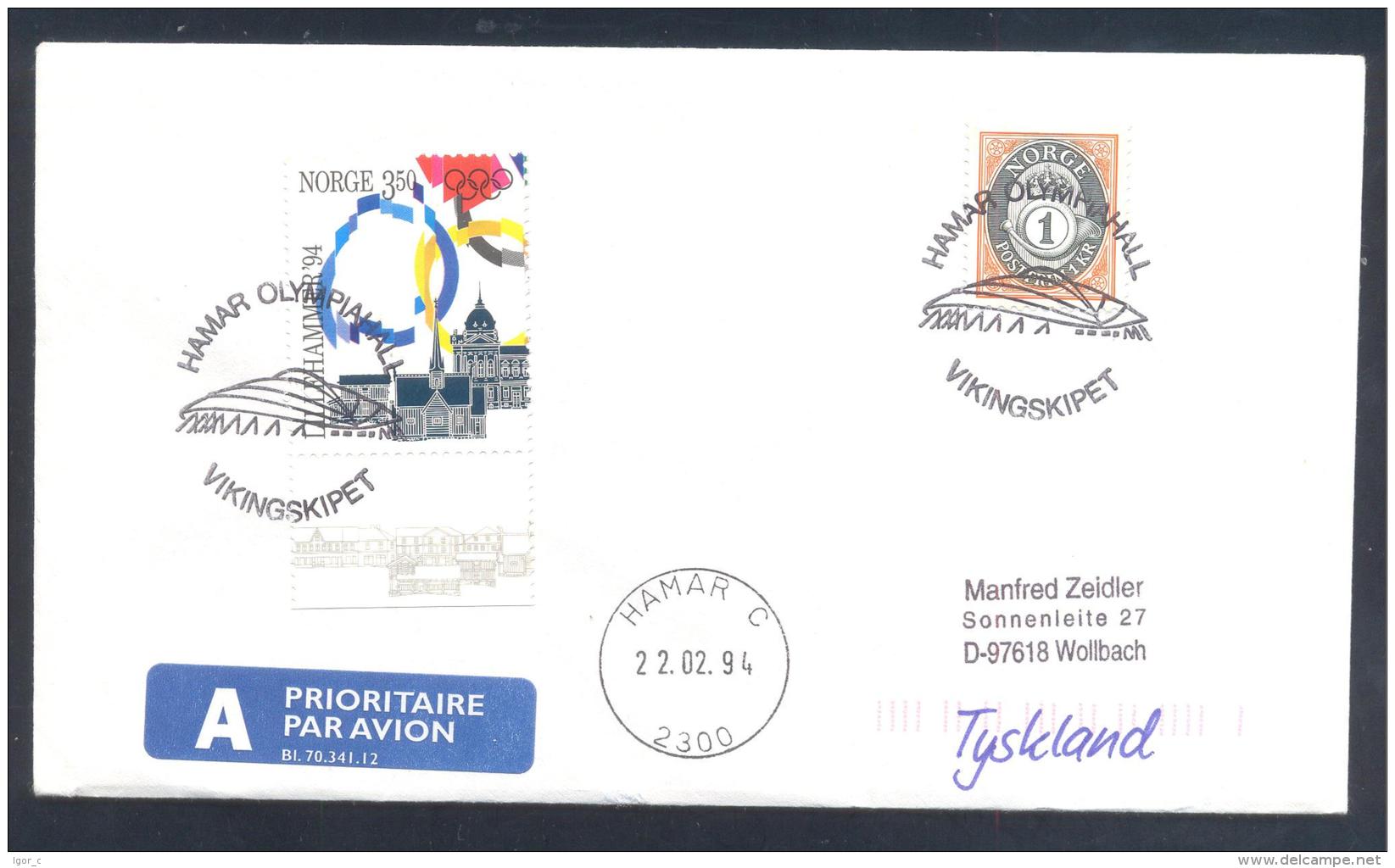 Norway 1994  Priority Air Mail Cover: Hamar Olympiahall Special Cancellation: Olympic Games Lillehammer  Ice Hockey - Hiver 1994: Lillehammer