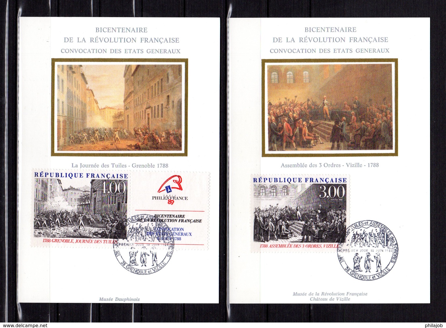 FRANCE 1988 " BICENTENAIRE DE LA REVOLUTION FRANCAISE " Sur 2 Cartes Maximum En Soie. N° YT 2537 2538. Parf état CM - French Revolution