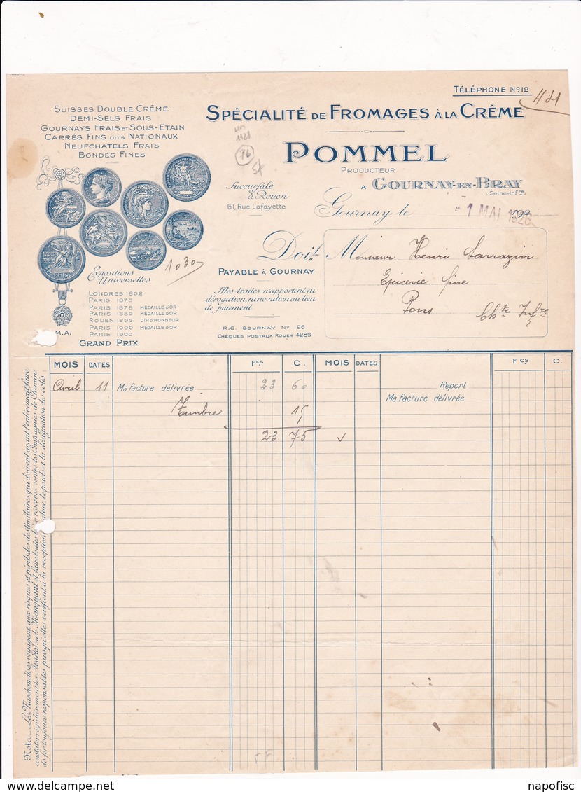 76-Facture Pommel Spécialité De Fromages à La Crème Gournay En Bray (Seine Maritime) 1926 - Alimentaire