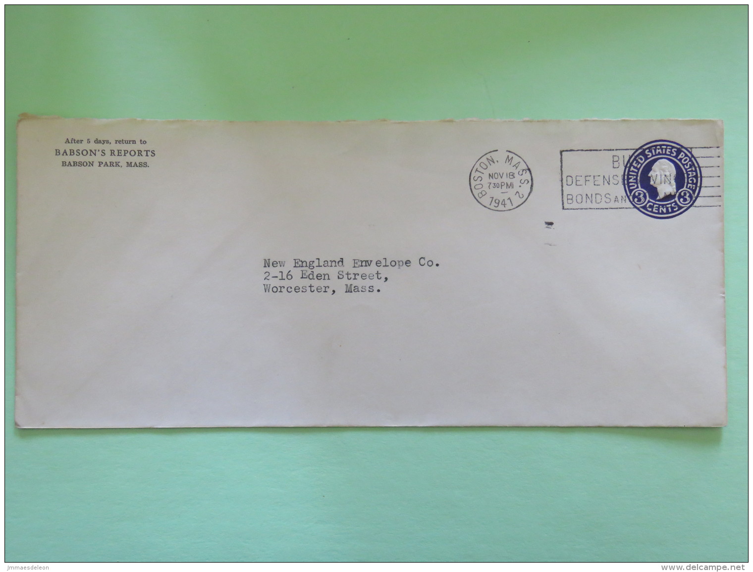 USA 1941 Stationery Cover Washington 3 C - From Boston To Worcester  - Defense Saving Bonds Slogan - 1941-60