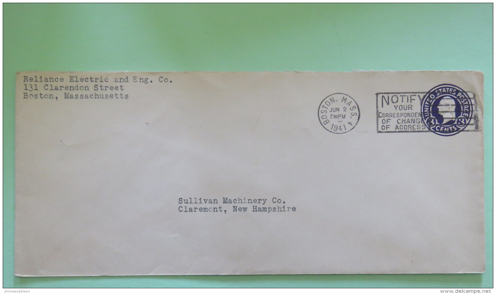 USA 1941 Stationery Cover Washington 3 C - From Boston To Claremont - Electricity - 1941-60