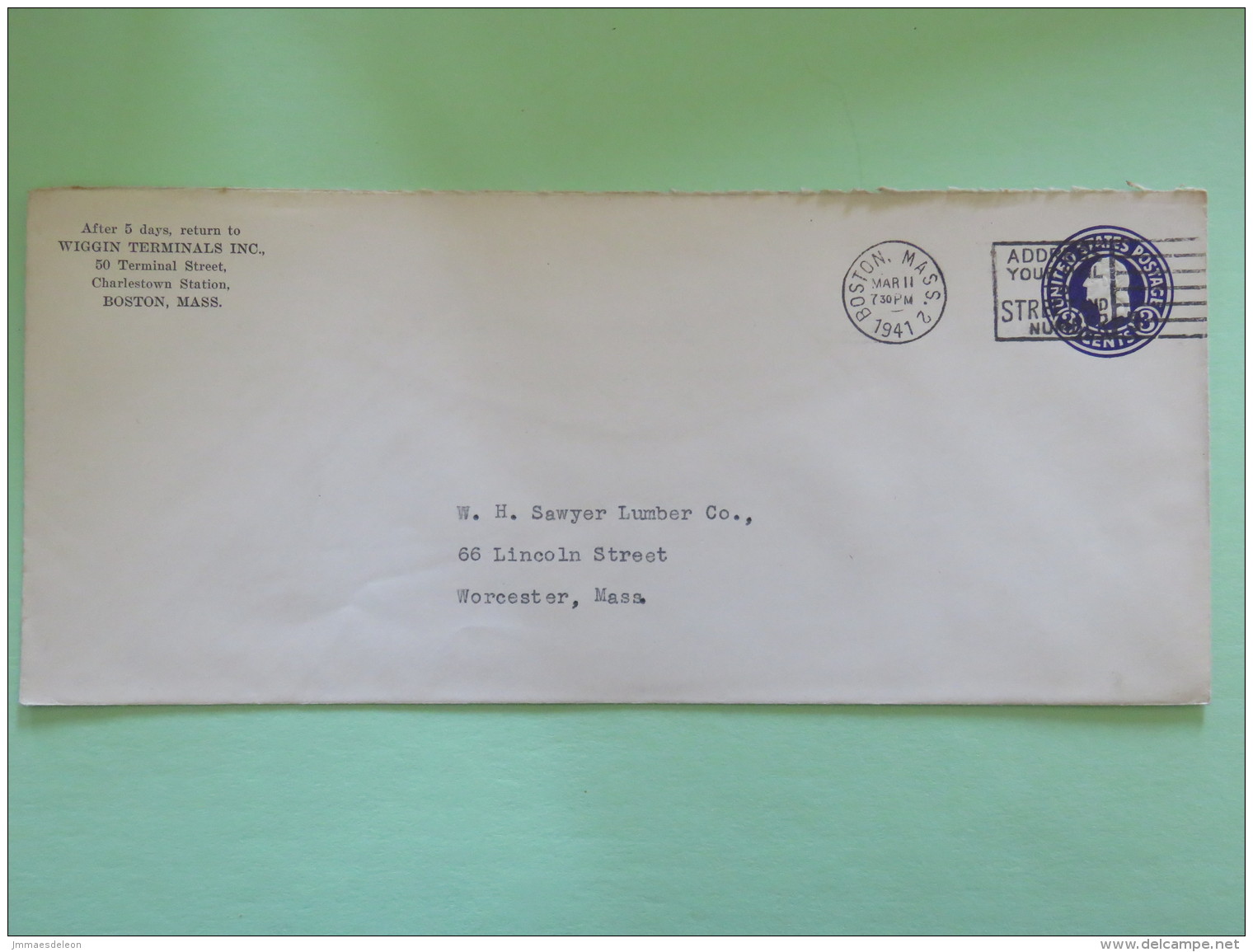 USA 1941 Stationery Cover Washington 3 C - From Boston To Worcester - Lumber - 1941-60