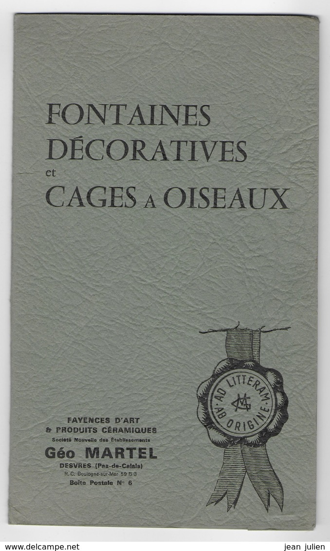 62 - DESVRES - Céramiques  -  Fayences  - Géo MARTEL - Fontaines Décoratives Et Cages à Oiseaux -1964 - Desvres (FRA)