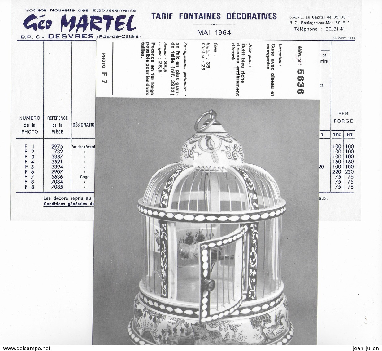 62 - DESVRES - Céramiques  -  Fayences  - Géo MARTEL - Fontaines Décoratives Et Cages à Oiseaux -1964 - Desvres (FRA)