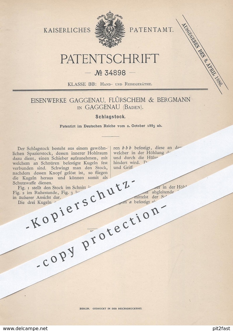 Original Patent - Eisenwerke Gaggenau , Flürscheim & Bergmann , 1885 , Schlagstock , Spazierstock | Stock , Schutzwaffe - Historical Documents