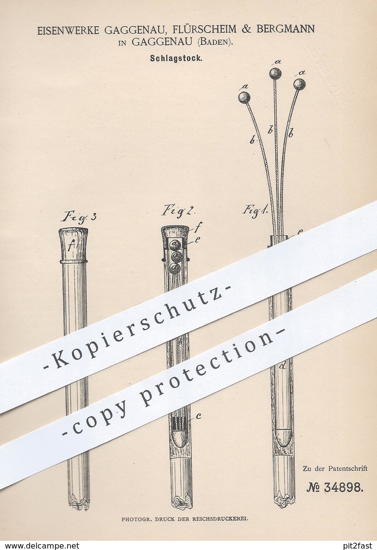 Original Patent - Eisenwerke Gaggenau , Flürscheim & Bergmann , 1885 , Schlagstock , Spazierstock | Stock , Schutzwaffe - Historical Documents