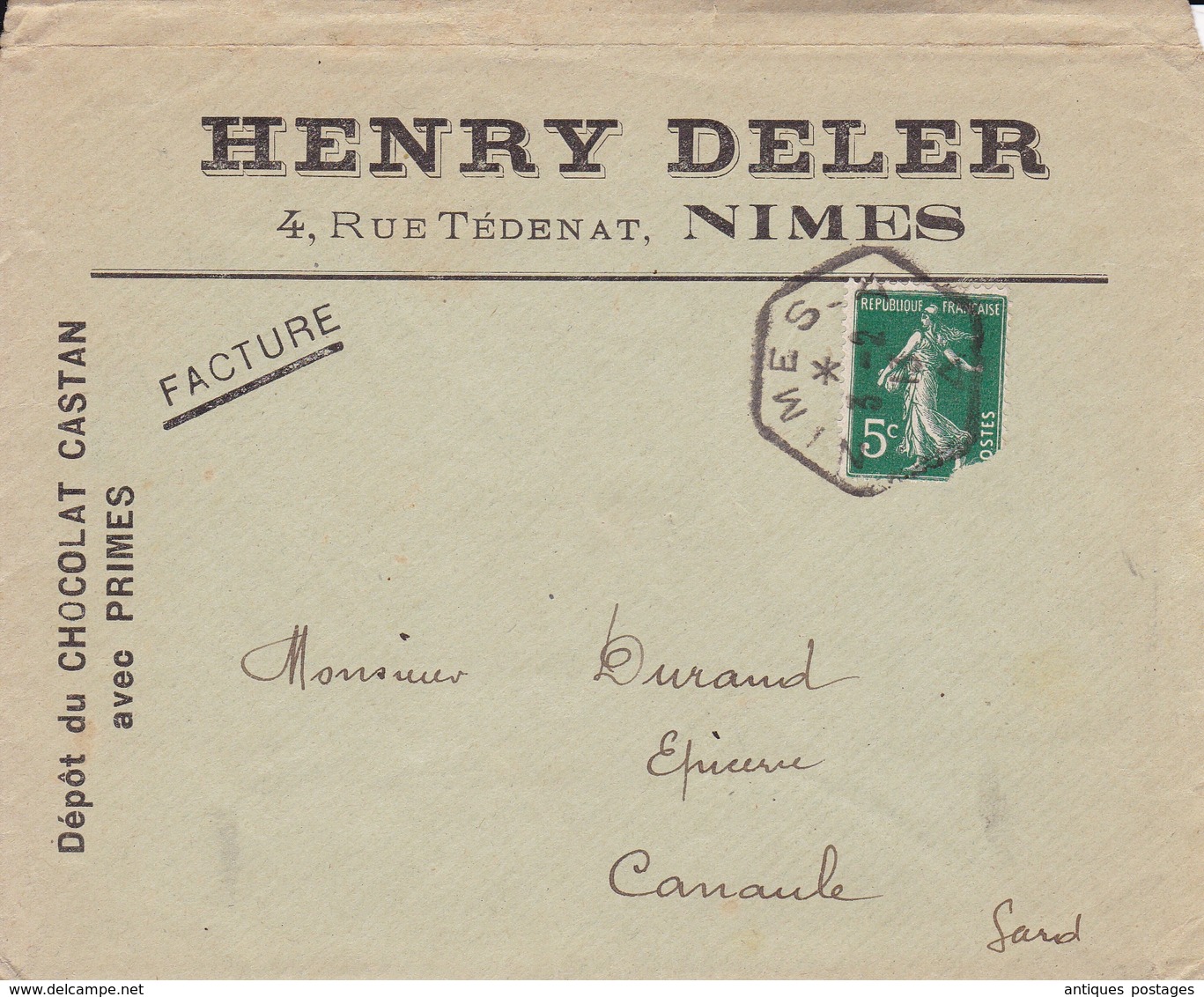 Lettre 1913 Nîmes Gard Henry Deler Chocolat Castan Café Huile D'Olive + Facture + Traite - Brieven En Documenten