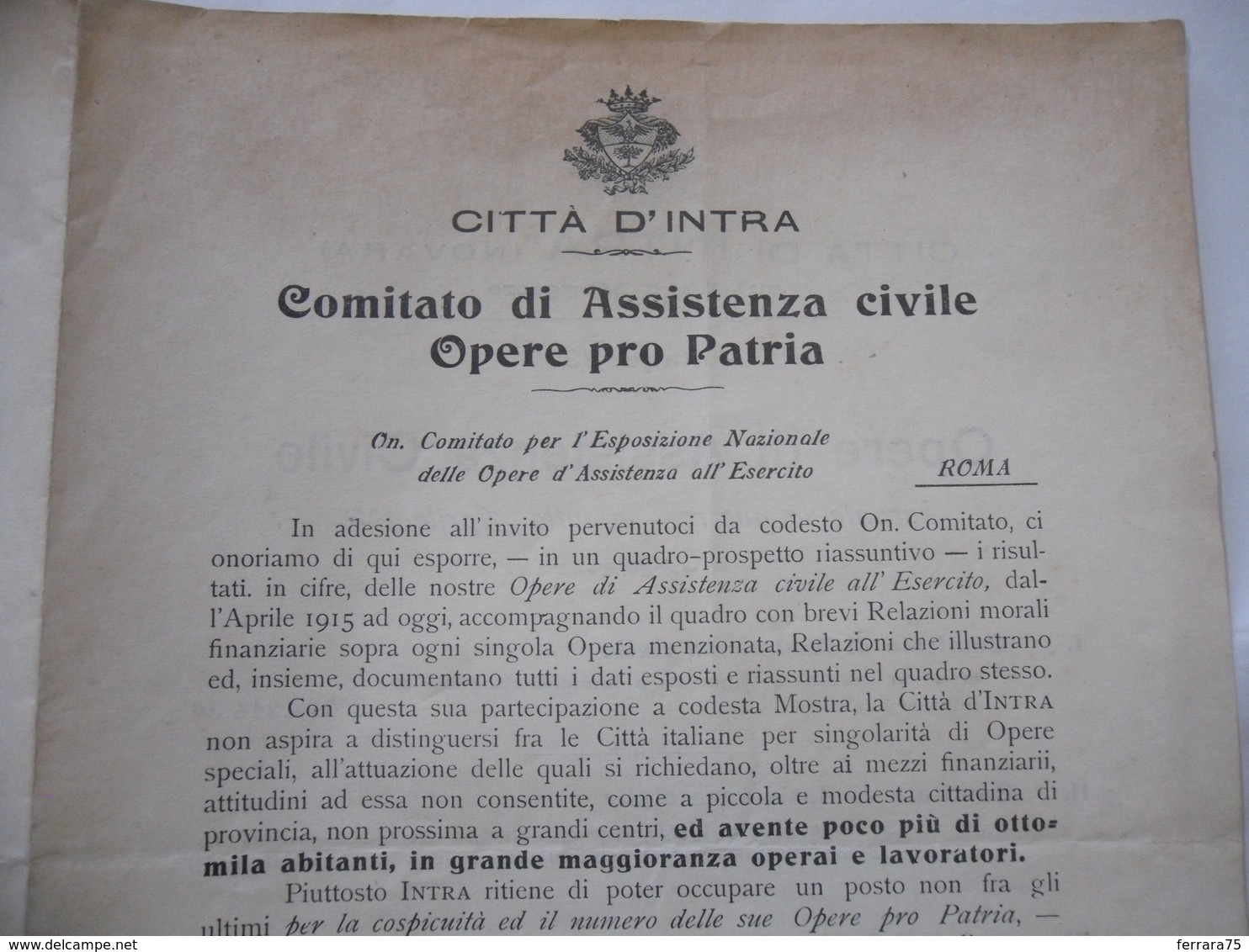 DOCUMENTO CITTà D'INTRA 1918 COMITATO DI ASSISTENZA CIVILE OPERE PRO PATRIA - Documents Historiques