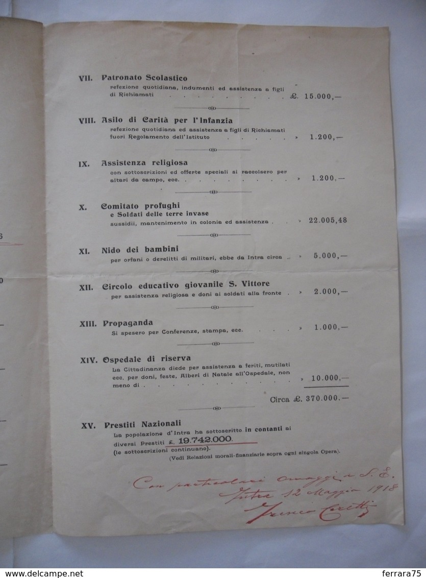 DOCUMENTO CITTà D'INTRA 1918 COMITATO DI ASSISTENZA CIVILE OPERE PRO PATRIA - Documents Historiques