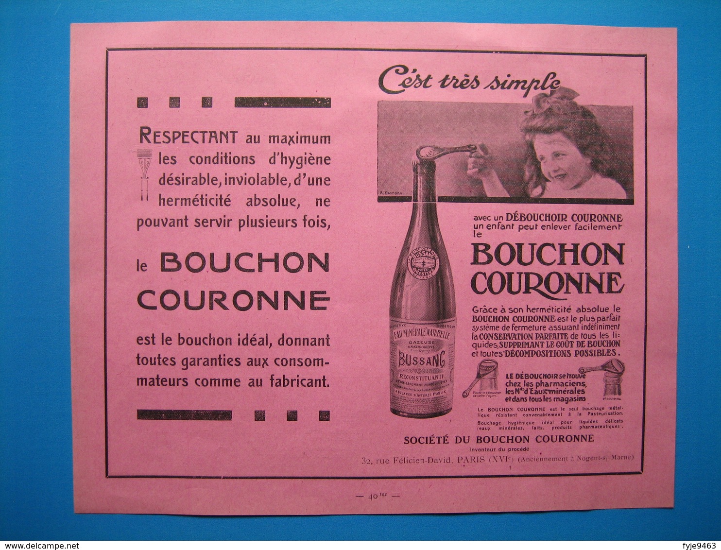 (1929) Le BOUCHON COURONNE Utilisé Sur Les Bouteilles D'eau De BUSSANG -- Produits Pharmaceutiques BENGUÉ - Non Classificati