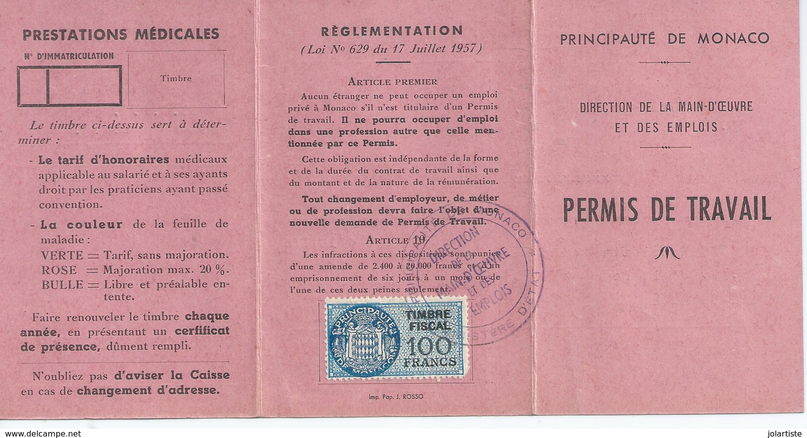 MONACO Permis De Travail A MONACO ROSSO Hopital Monaco Timbre Fiscal100 Francs N21 - Non Classés