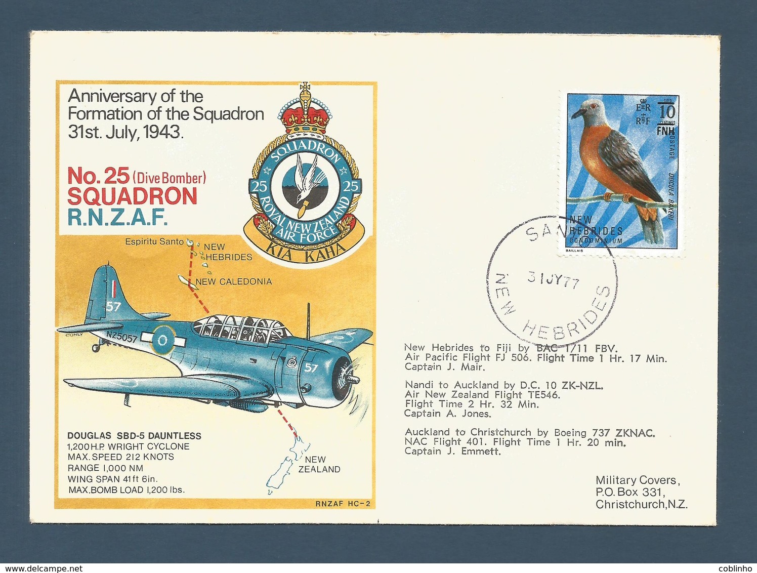 NOUVELLES HEBRIDES (New Hebrides) - Enveloppe Commémorative- 1977 - Escadron (squadron) 25 RNZAF - FDC