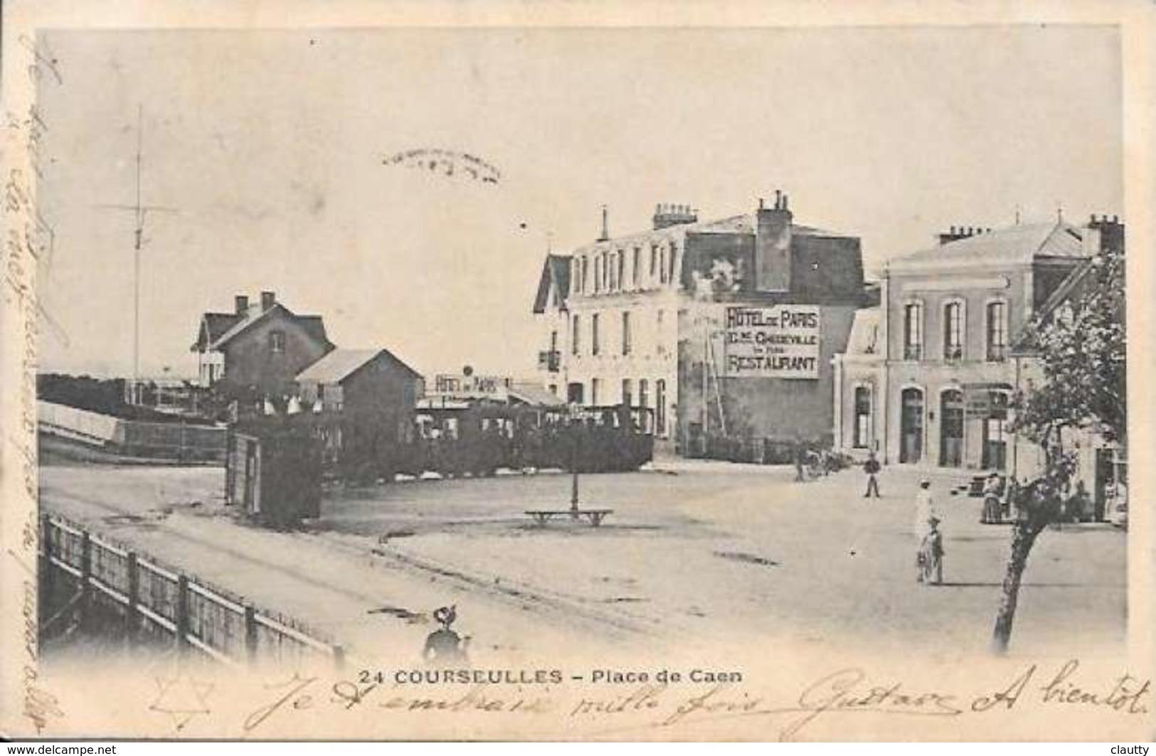 Cpa  14 Courseulles Sur Mer,  Le Train Place De Caen , écrite 1903 - Courseulles-sur-Mer