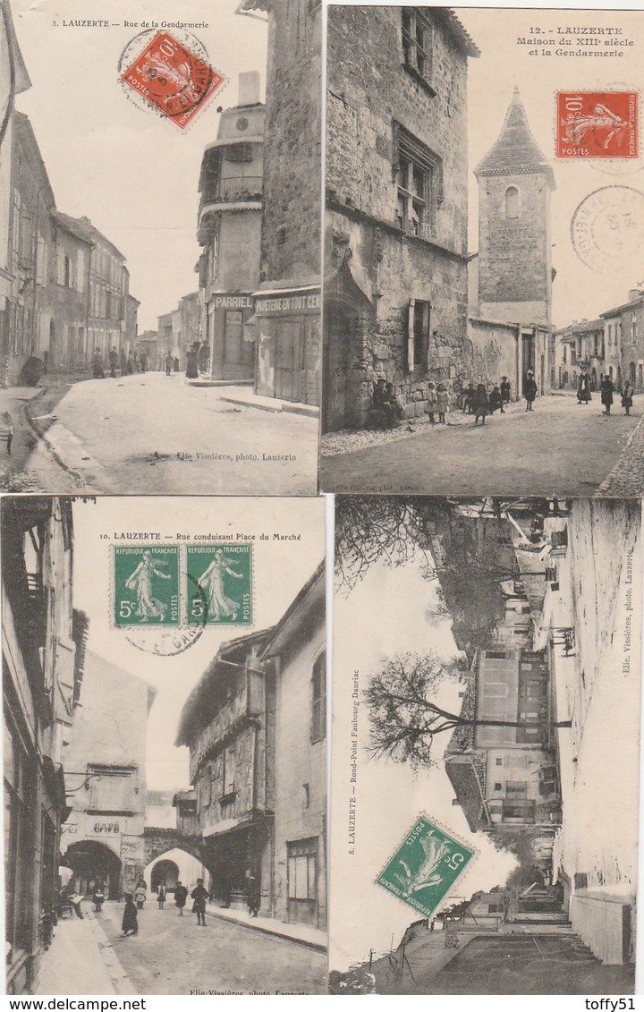 4 CPA:LAUZERTE (82)  CAFÉ RUE ALLANT PLACE DU MARCHÉ,RUE DE LA GENDARMERIE,MAISON DU XII E SIÈCLE ET GENDARMERIE,ETC.. - Lauzerte