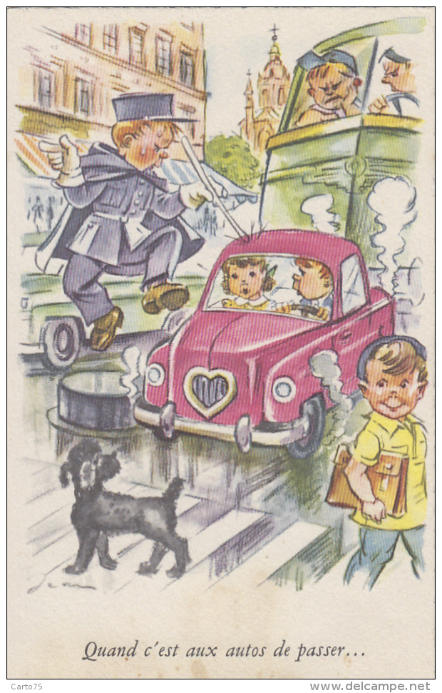 Métiers - Police Gendarmerie - Agent Circulation - Enfant - Automobile - Chien Caniche - Police - Gendarmerie