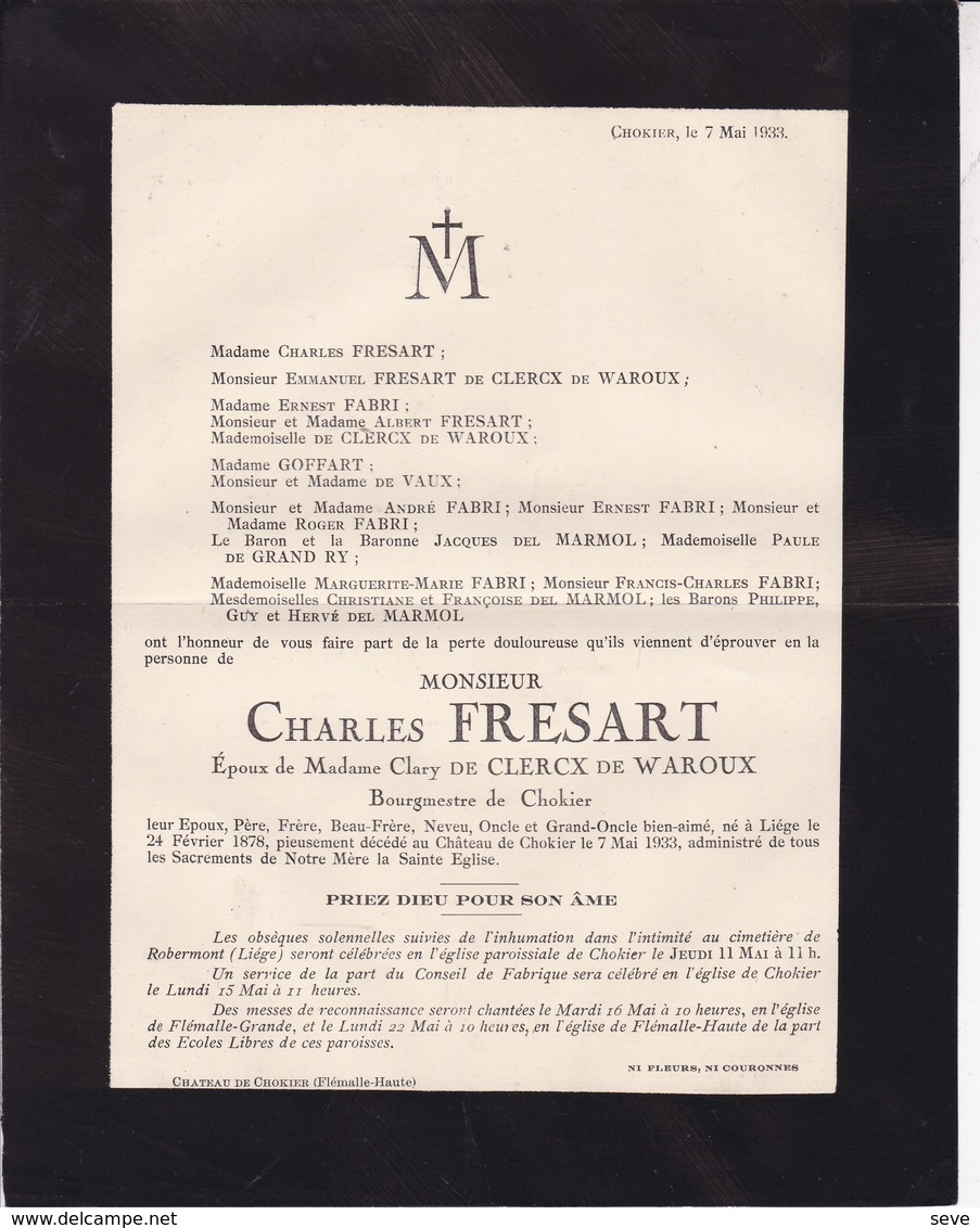 CHOKIER FLEMALLE-HAUTE Charles FRESART Bourgmestre époux De CLERCX De WAROUX 1878-1933 De VAUX - Obituary Notices