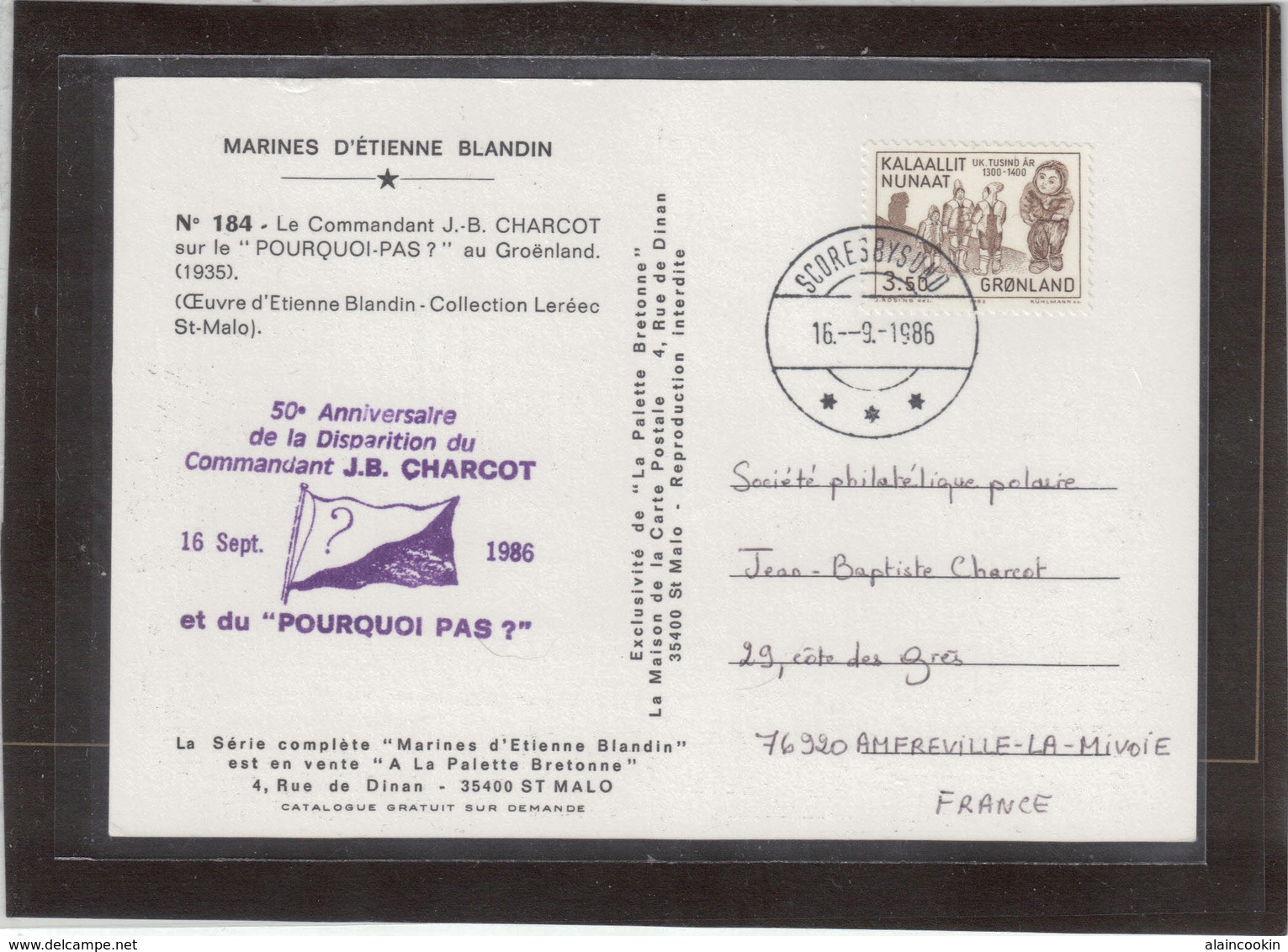Timbre Groenland Sur Carte Postale Le POURQUOI-PAS? ( Etienne Blandin ) - Briefe U. Dokumente