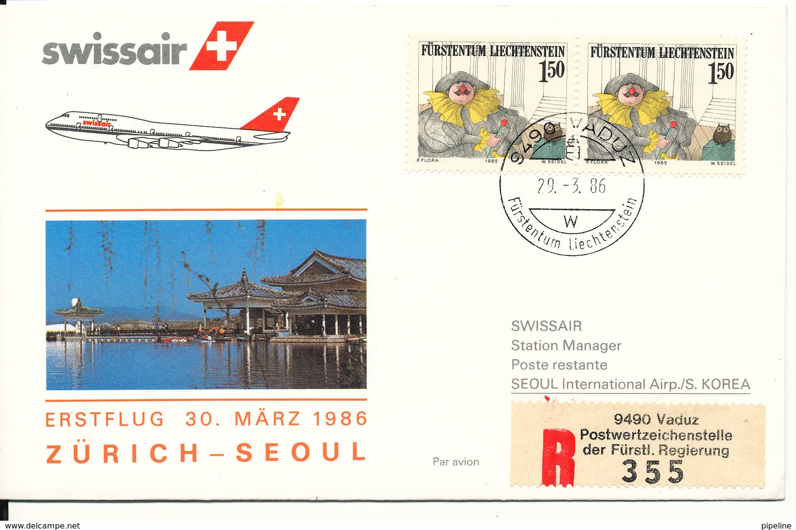 Liechtenstein Swissair First Flight Zurich - Seoul 30-3-1986 - Covers & Documents