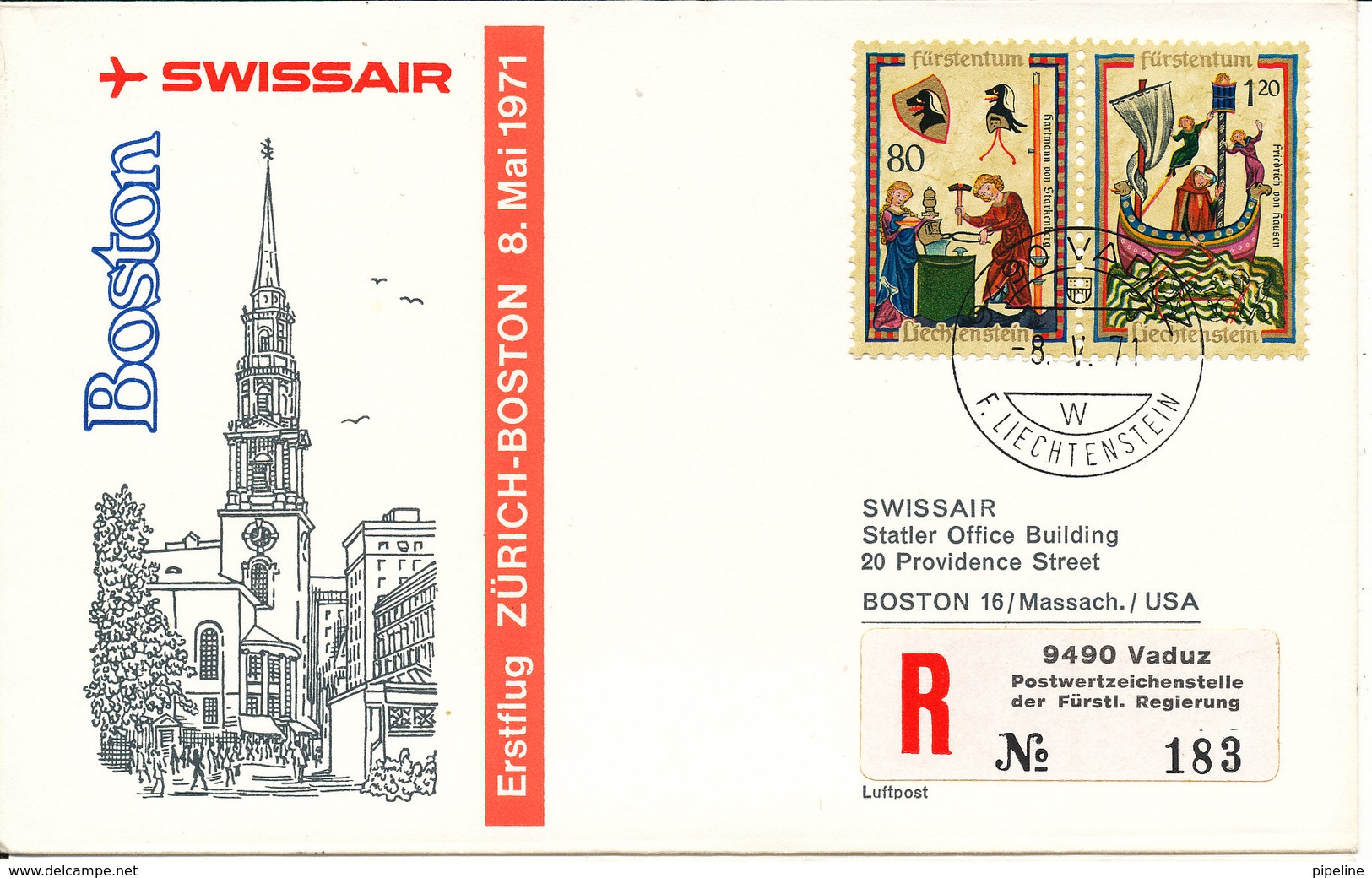 Liechtenstein Swissair First Flight Zurich - Boston 8-5-1971 - Covers & Documents