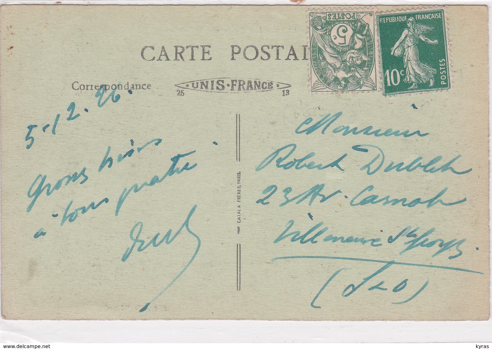 FRANCE  . 10 C Vert  SEMEUSE Type IV + 5c Vert  Type SAGE Non Oblitérés  (S/cpa LYON . Les Ponts De La Saône)  ) - Lettres & Documents