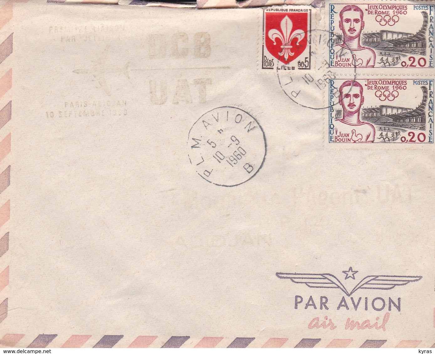 FRANCE.   2 X 0.20  JEUX OLYMPIQUES ROME 1960 . Jean Bouin  S/ Envelope + Flamme " DC8 U.A.T." - Lettres & Documents