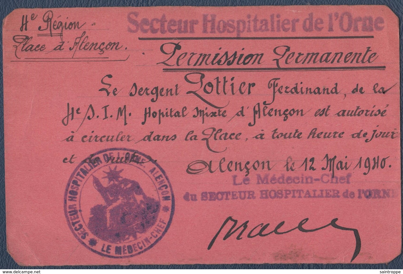 Le Mans, 4° Section D'Infirmiers Militaires.S.I.M.Permission Permanente.Alençon 1940.Secteur Hospitalier De L'Orne. - Documenti Storici