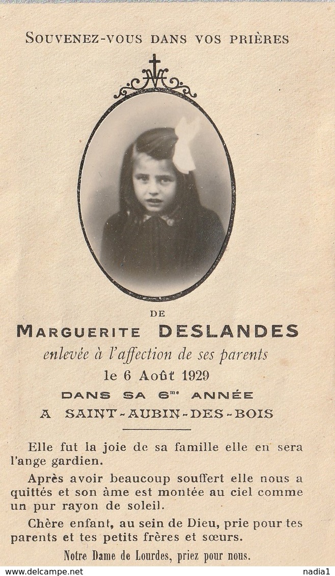 IMAGE PIEUSE DECES MARGUERITE DESLANDES 6 ANS A SAINT AUBIN DES BOIS CALVADOS - Images Religieuses