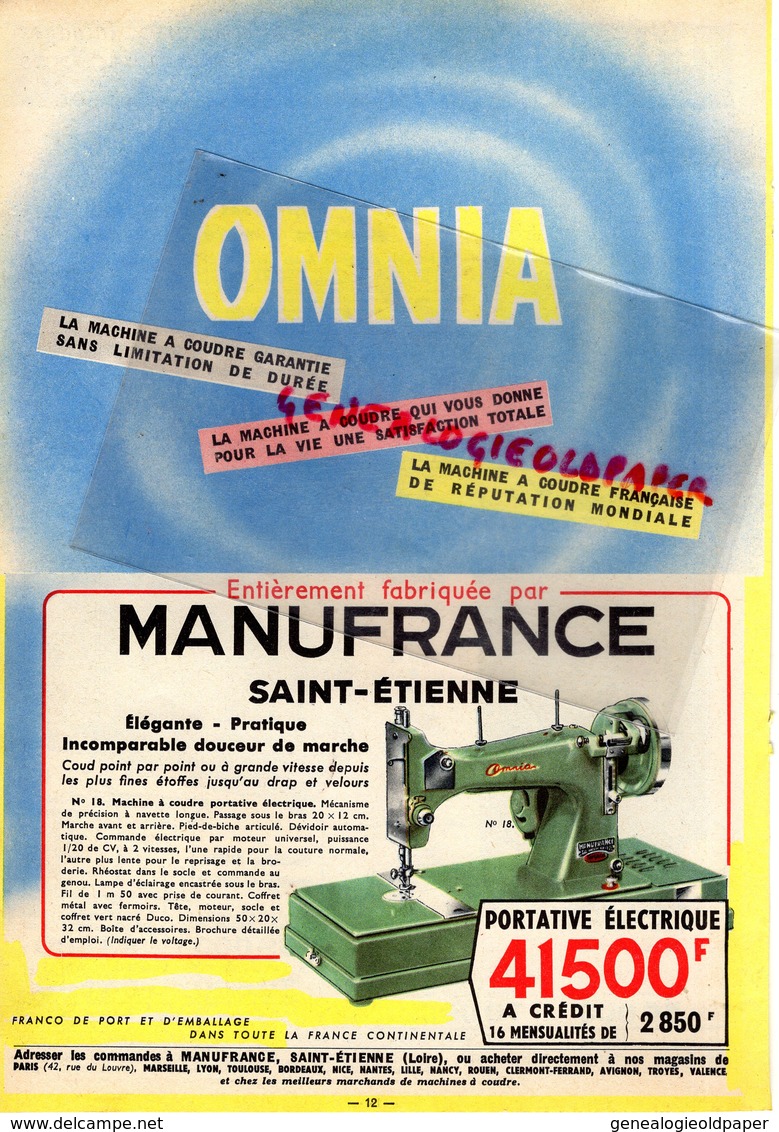 42- SAINT ETIENNE- PUBLICITE MANUFRANCE MACHINE A COUDRE OMNIA-PORTATIVE ELECTRIQUE- 1959 - Petits Métiers