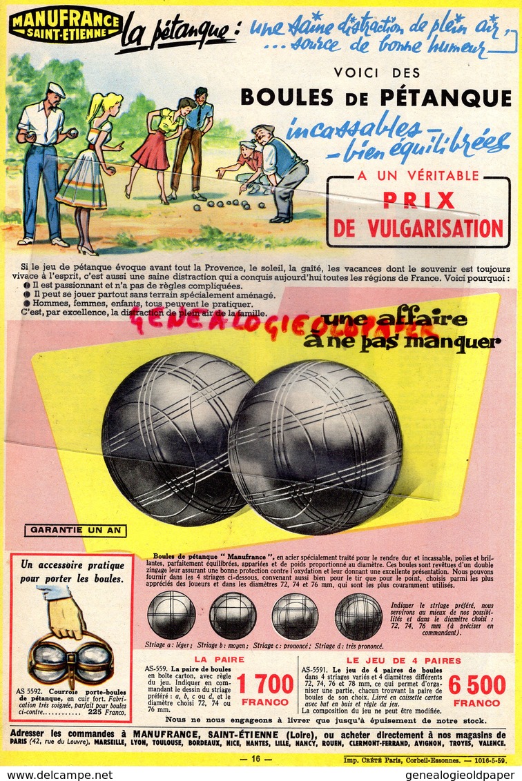 42- SAINT ETIENNE- BELLE PUBLICITE PETANQUE - BOULES INCASSABLES BIEN EQUILIBREES- COURROIE PORTE BOULES-1959 - Publicités