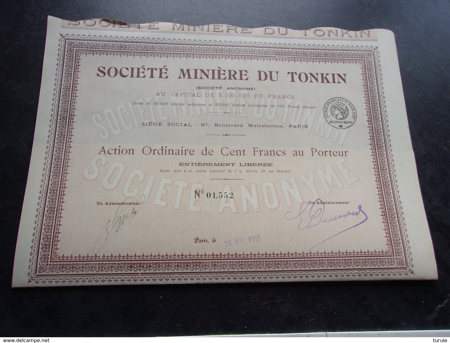 MINIERE DU TONKIN (action Ordinaire 100 Francs) - Autres & Non Classés