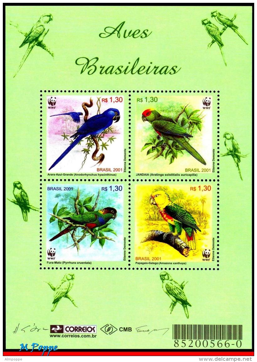 Ref. BR-2799 BRAZIL 2001 BIRDS, PARROTS, ANIMALS &amp; FAUNA,, WWF, MI# B115, S/S MNH 4V Sc# 2799 - Unused Stamps