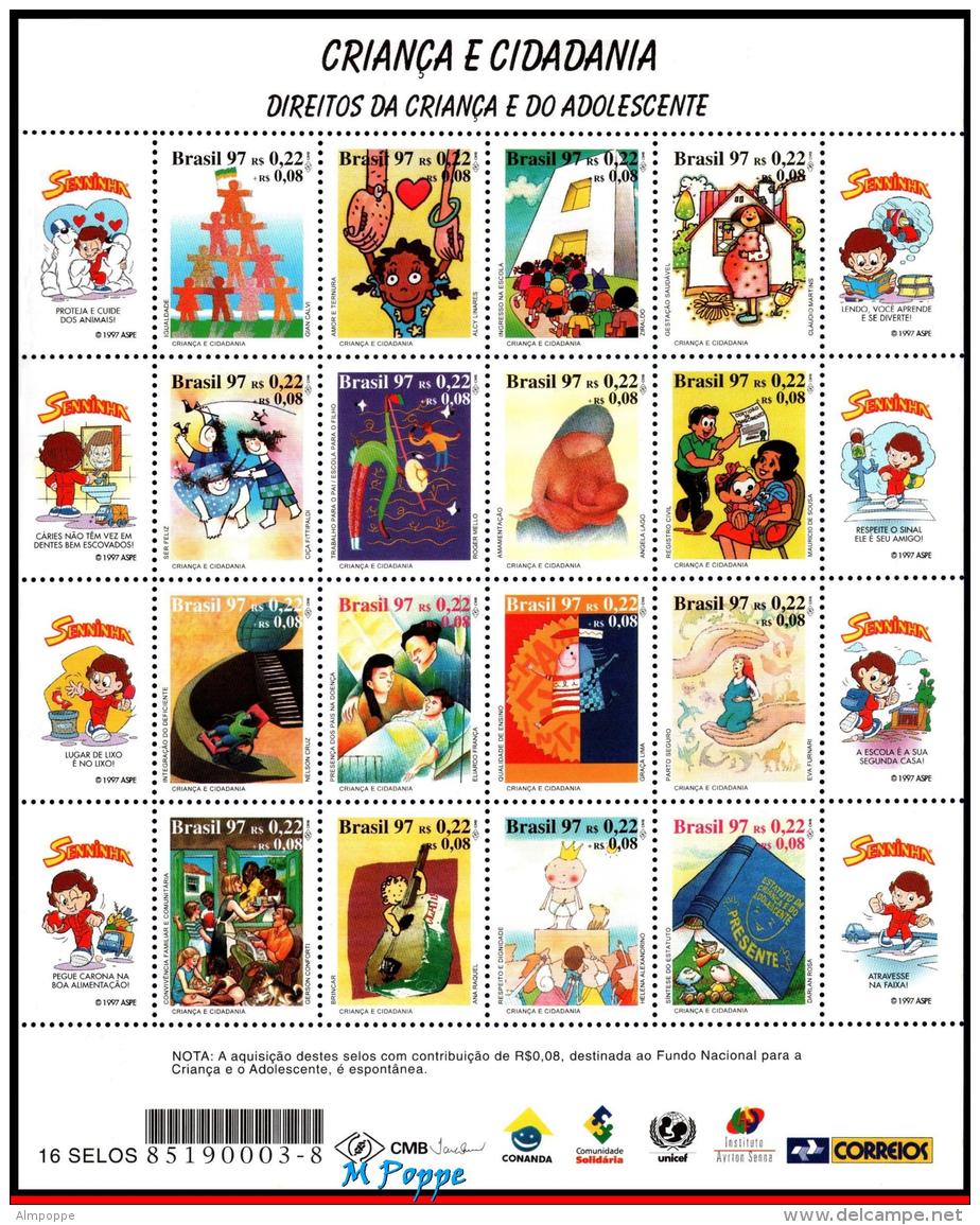 Ref. BR-B12 BRAZIL 1997 COMICS, CHILDREN AND CITZENSHIP,, MUSIC, MI# 2778-93, SHEET MNH 16V Sc# B12 - Blocks & Sheetlets