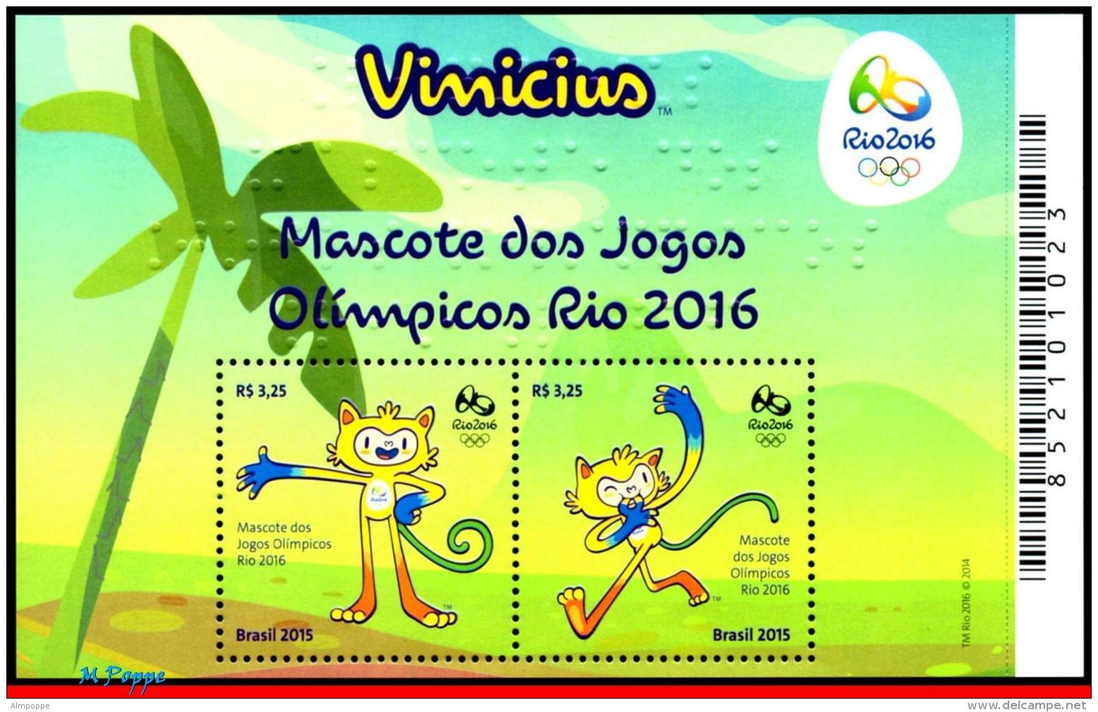 Ref. BR-3319 BRAZIL 2015 SPORTS, OLYMPIC GAMES, RIO 2016, MASCOT VINICIUS, S/S MNH 2V Sc# 3319 - Summer 2016: Rio De Janeiro