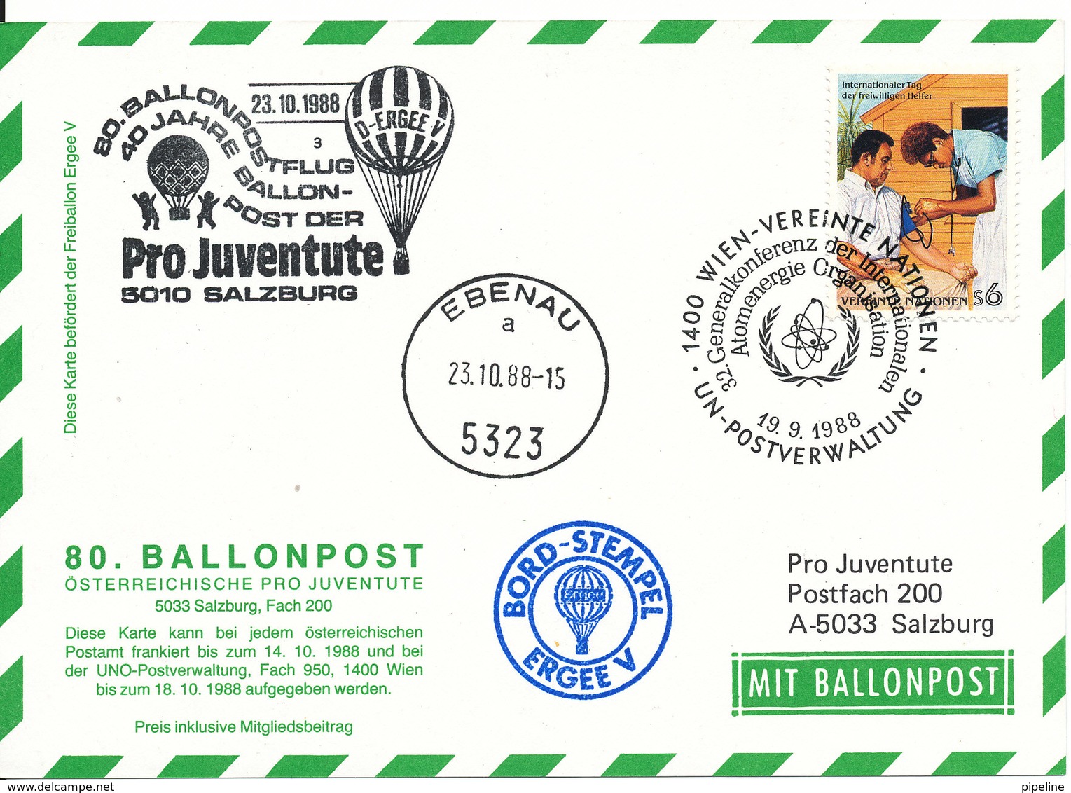 Austria UN Vienna Balloonflight Postcard Pro Juventute Salzburg Ebenau 23-10-1988 - Covers & Documents