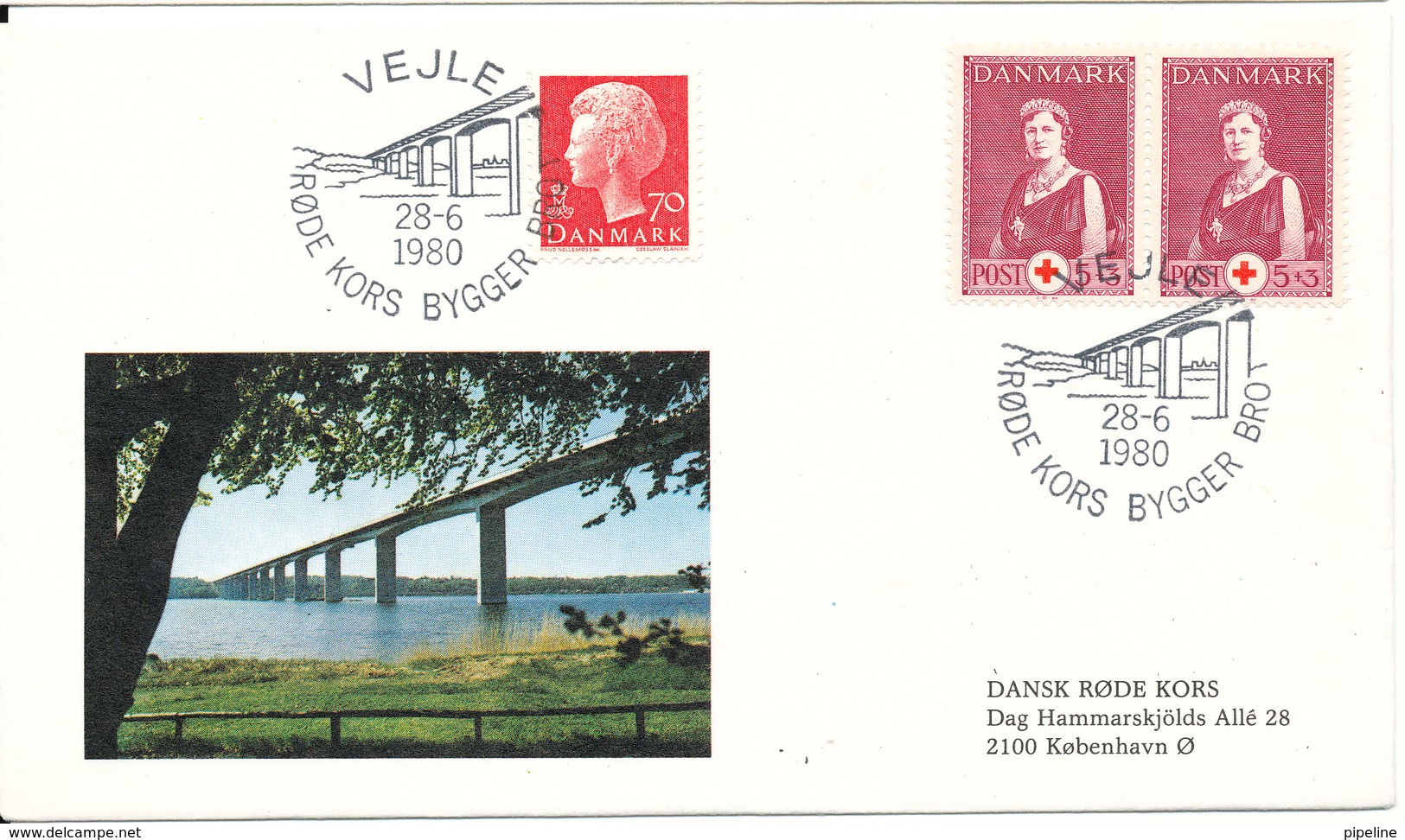 Denmark Cover RED CROSS Building Bridges Vejle Fjord Bridge 28-6-1980 With BRIDGE Cachet - Red Cross