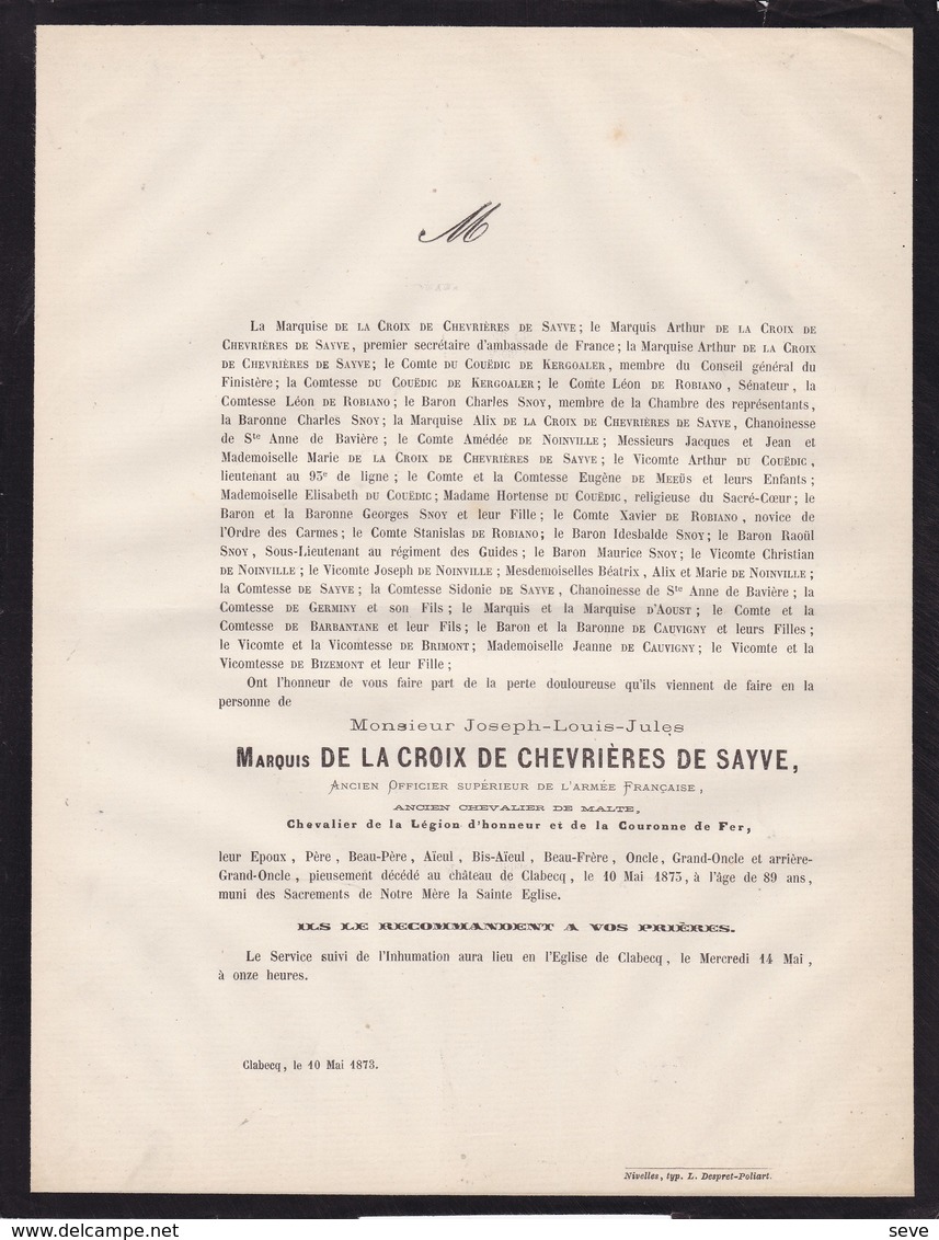 Château De CLABECQ Tubize Joseph Marquis De La CROIX De CHEVRIERES De SAYVE 89 Ans 1875 KERGOALER De ROBIANO - Obituary Notices