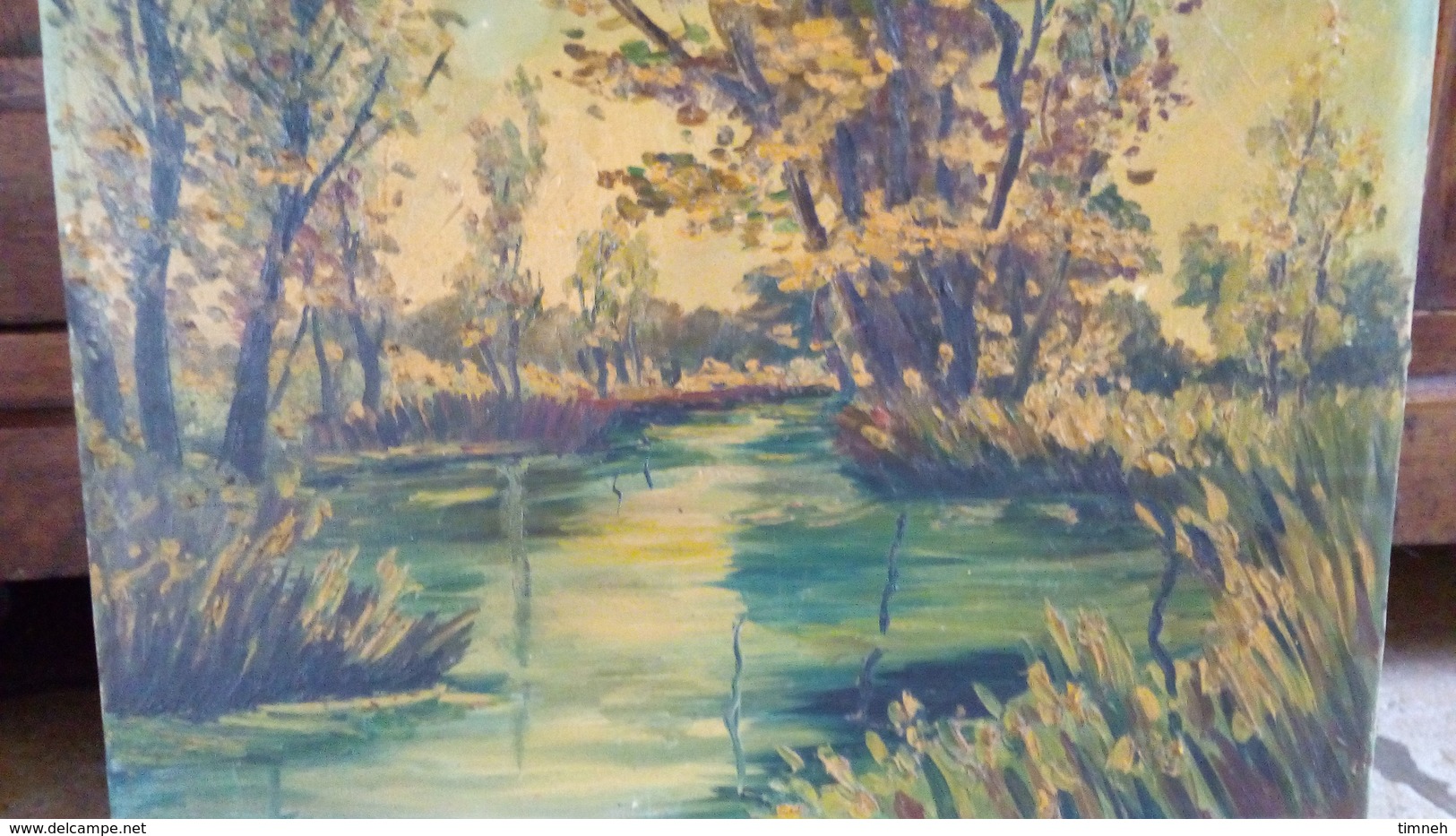 Huile sur toile - Paysage de campagne - bord de l'eau - rivière et arbres - non signé vers 1960 - 46cmx38cm -