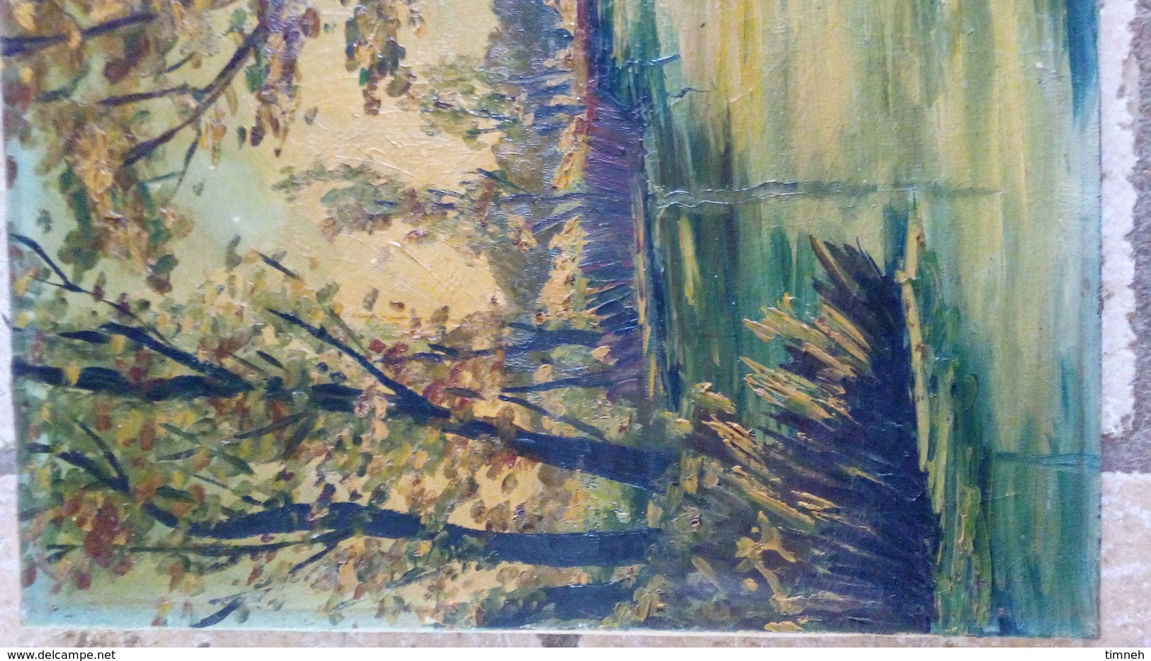 Huile sur toile - Paysage de campagne - bord de l'eau - rivière et arbres - non signé vers 1960 - 46cmx38cm -