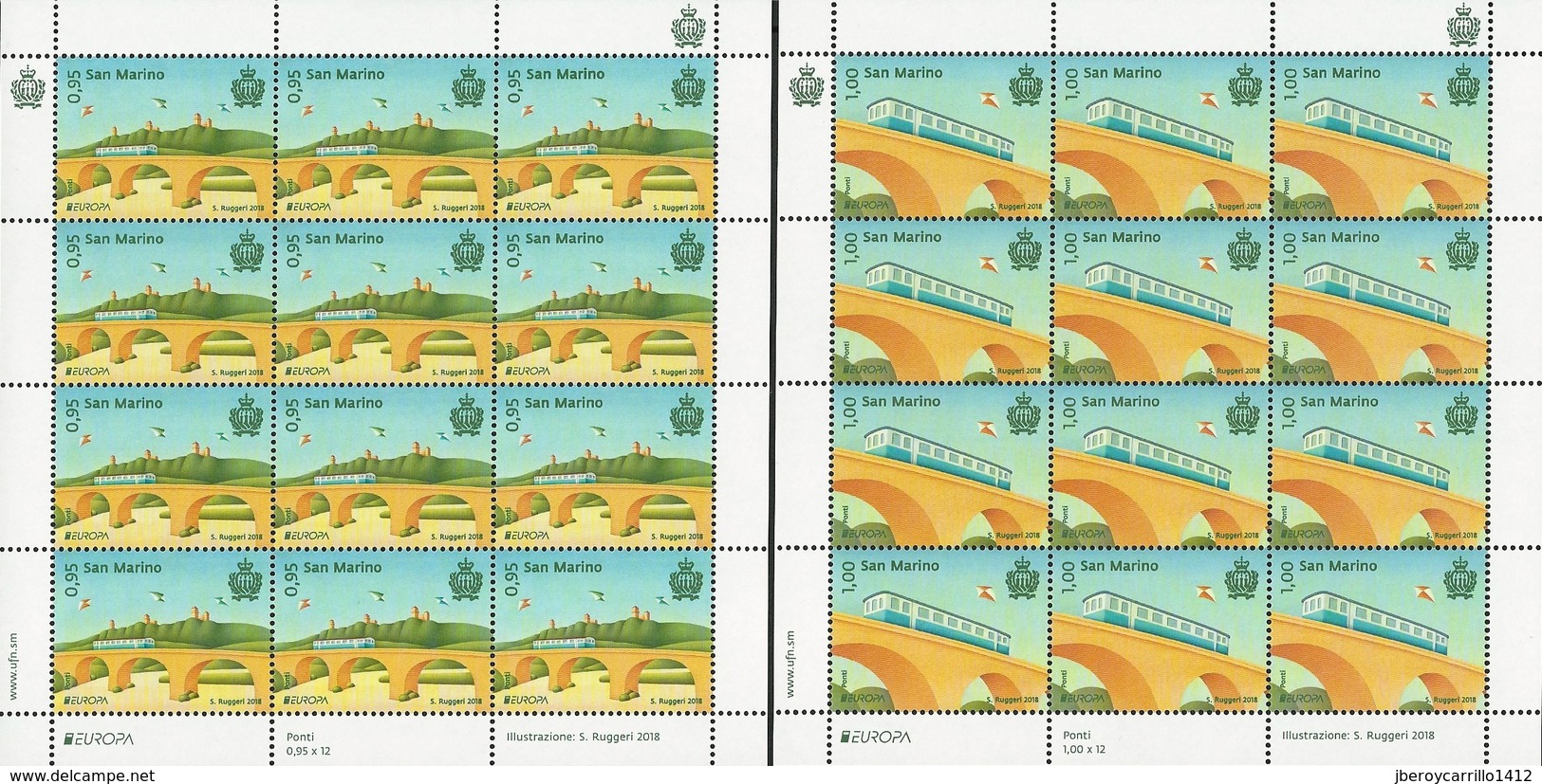 SAN MARINO - EUROPA 2018  "PUENTES.- BRIDGES - BRÜCKEN - PONTS" - SERIE De 2 V. En DOS HOJAS BLOQUE De 12 - 2018