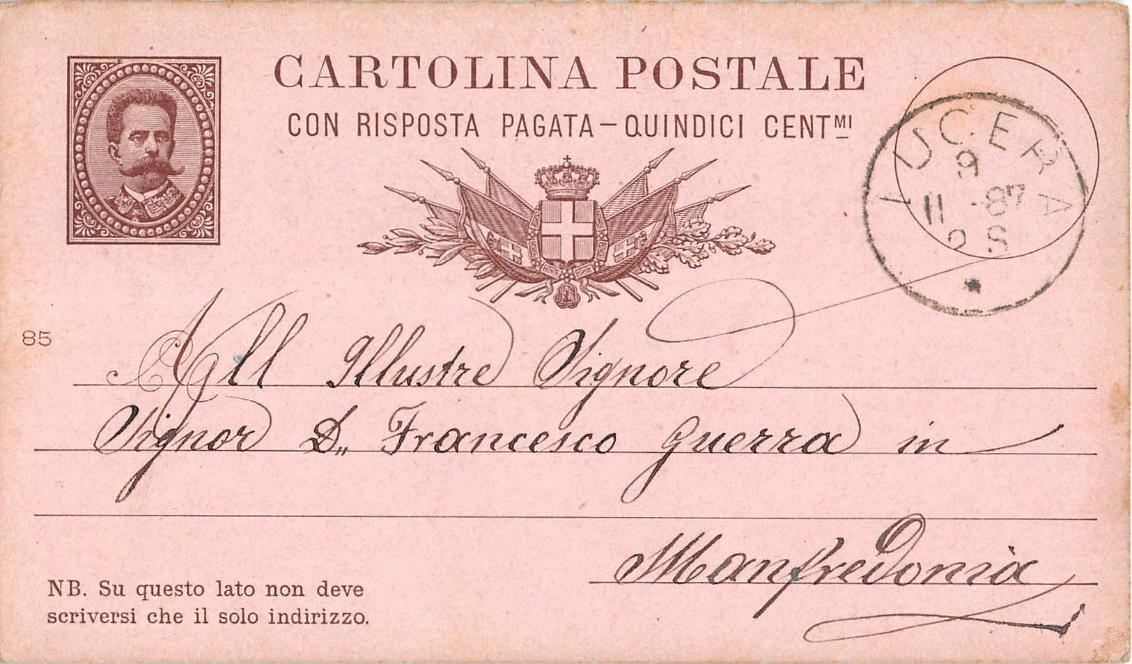 7242 01 LUCERA X MANFREDONIA 1887 - Interi Postali