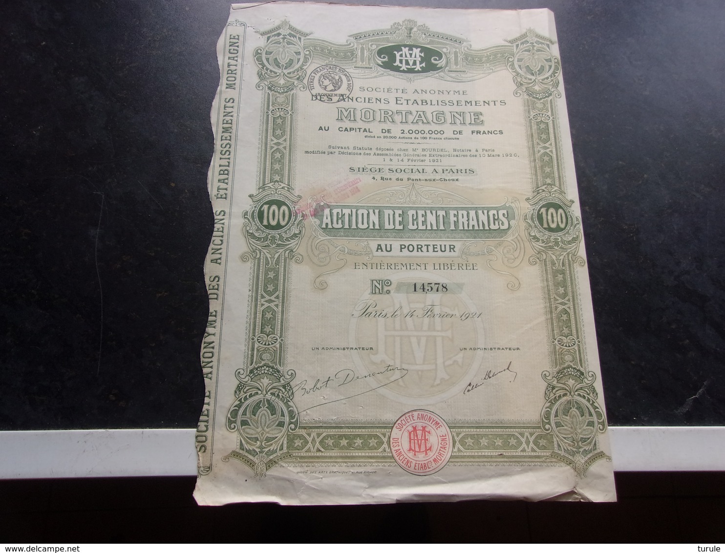 Anciens établissements MORTAGNE (capital 2 Millions) 1921 - Autres & Non Classés