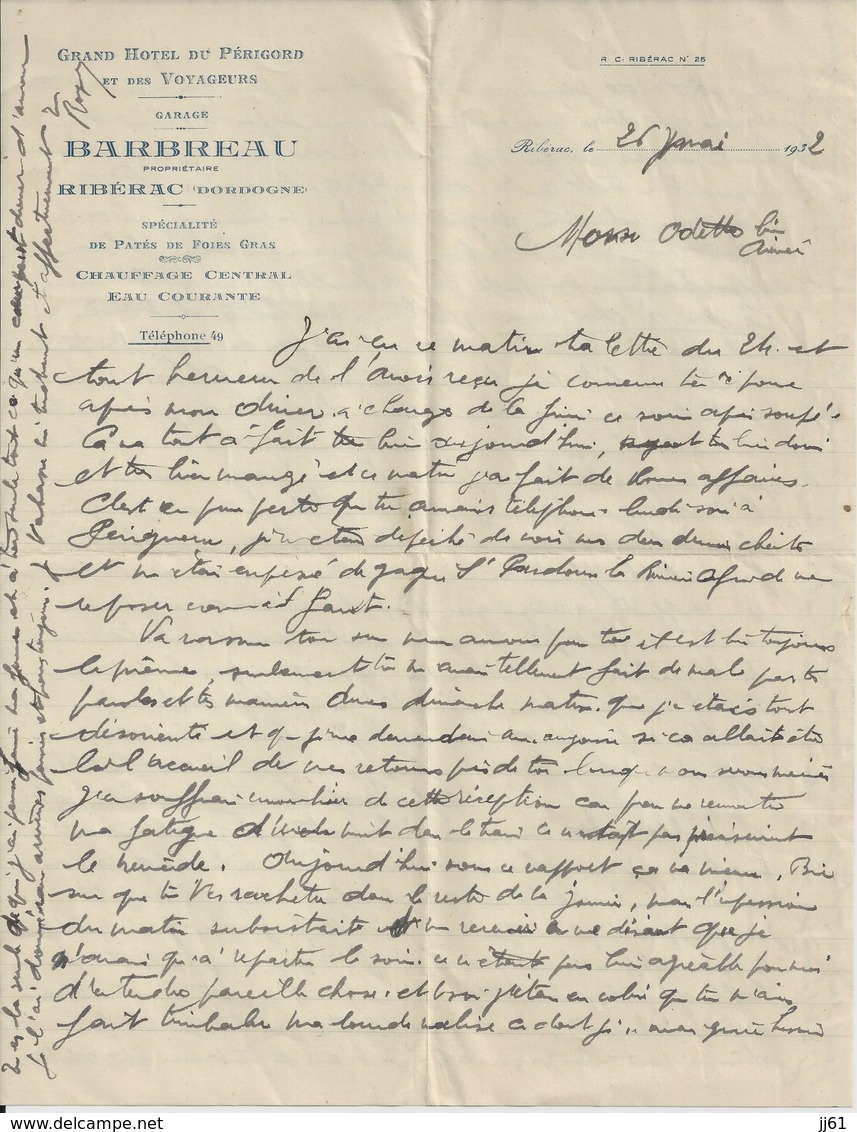 RIBERAC GARAGE BARBREAU HOTEL DU PERIGORD PATES FOIE GRAS CHAUFFAGE CENTRAL ANNEE 1932 - Autres & Non Classés