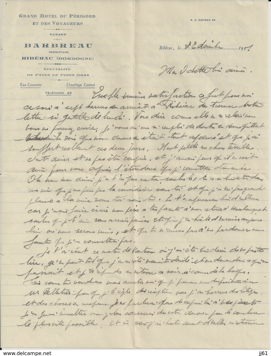 RIBERAC GARAGE BARBREAU HOTEL DU PERIGORD PATES FOIE GRAS CHAUFFAGE CENTRAL ANNEE 1931 - Autres & Non Classés
